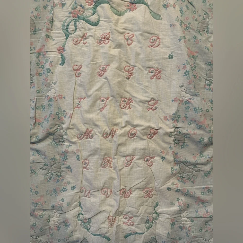 Vintage Handmade Floral ABCs & Animals Patterned Baby Blanket -see description